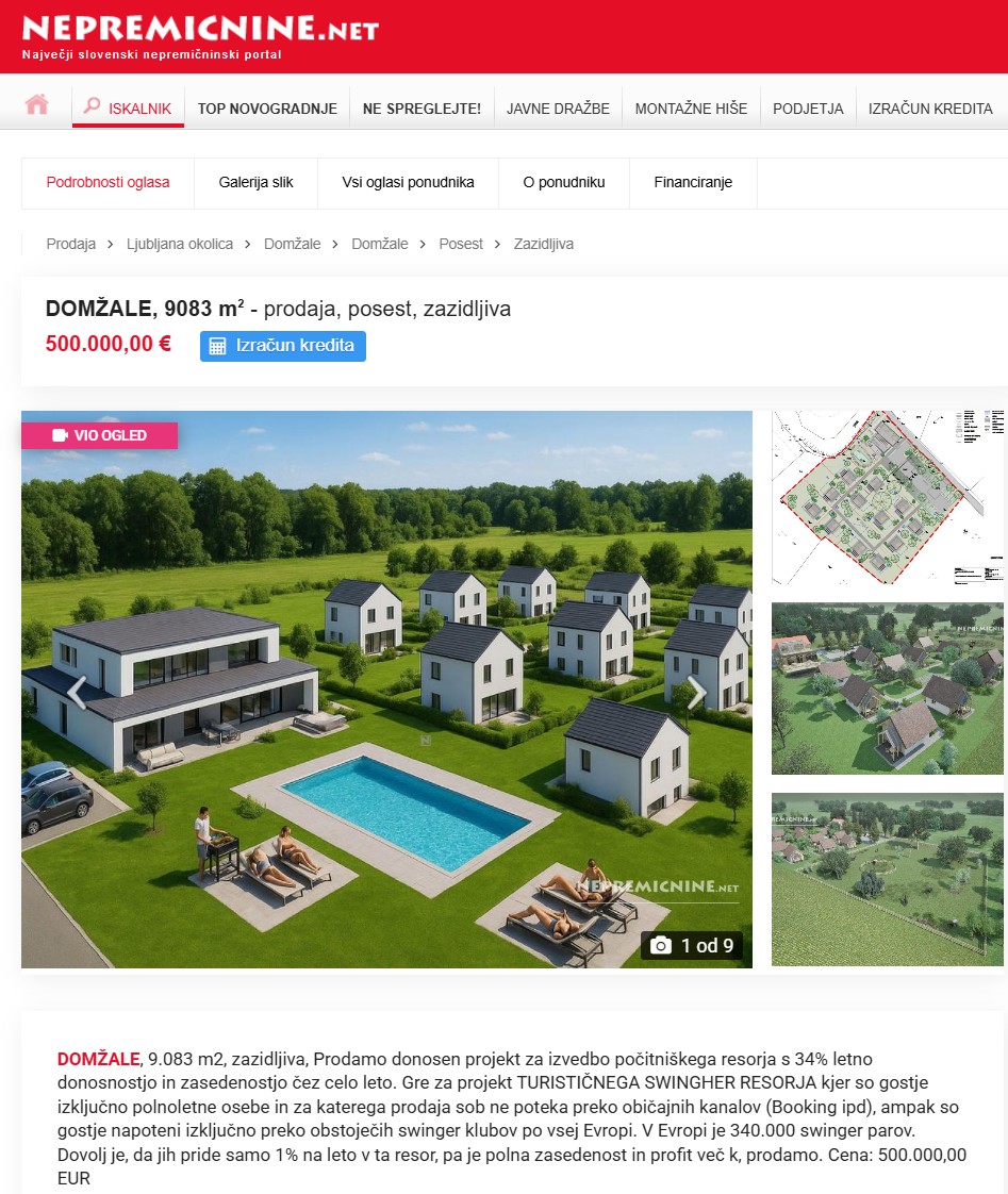 Oglas za svingerski resort v Domžalah