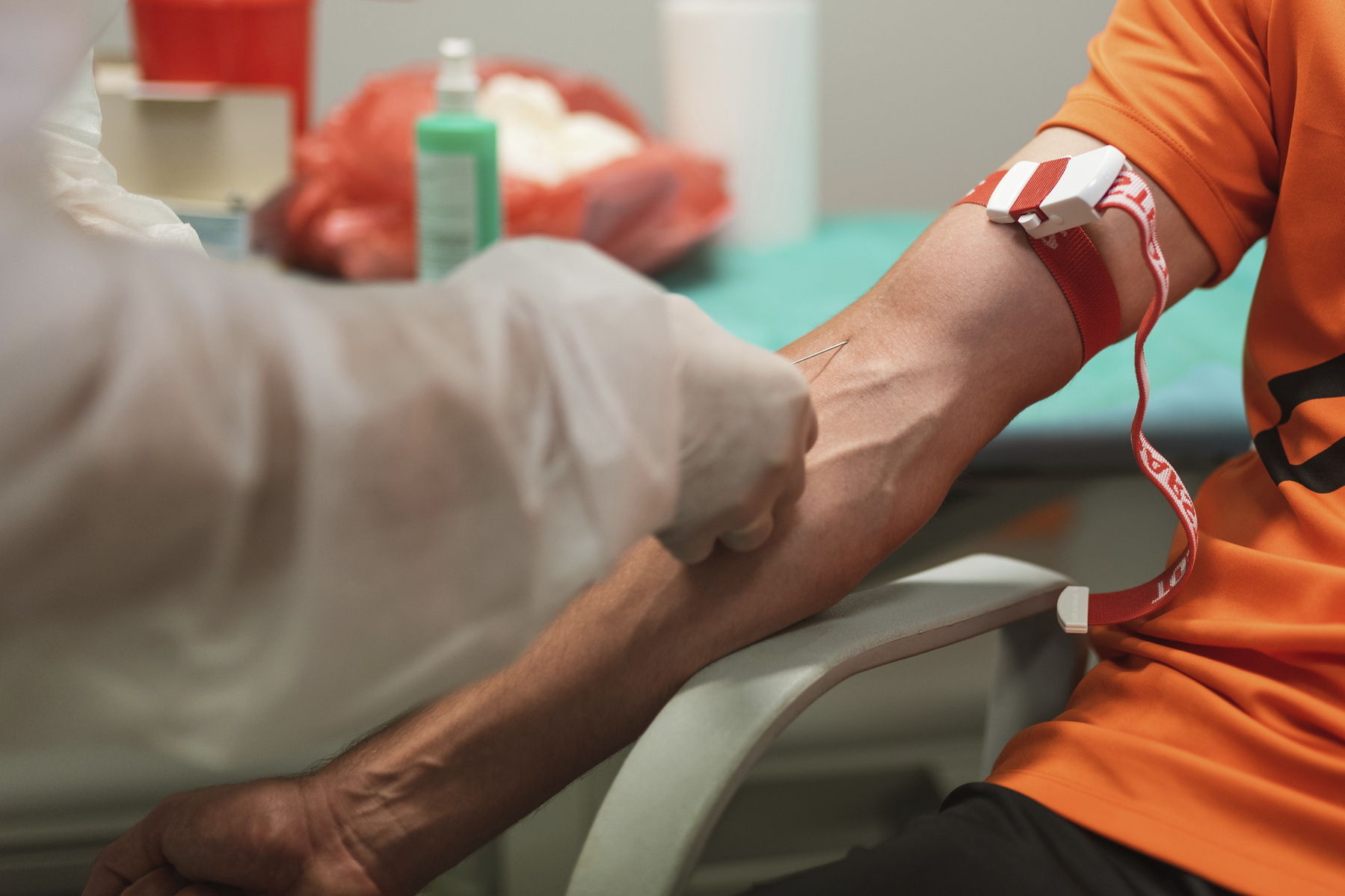 Taking blood samples from football players, coronavirus test Sars-CoV-2 in Poland,Image: 1053266316, License: Royalty-free, Restrictions: , Model Release: no