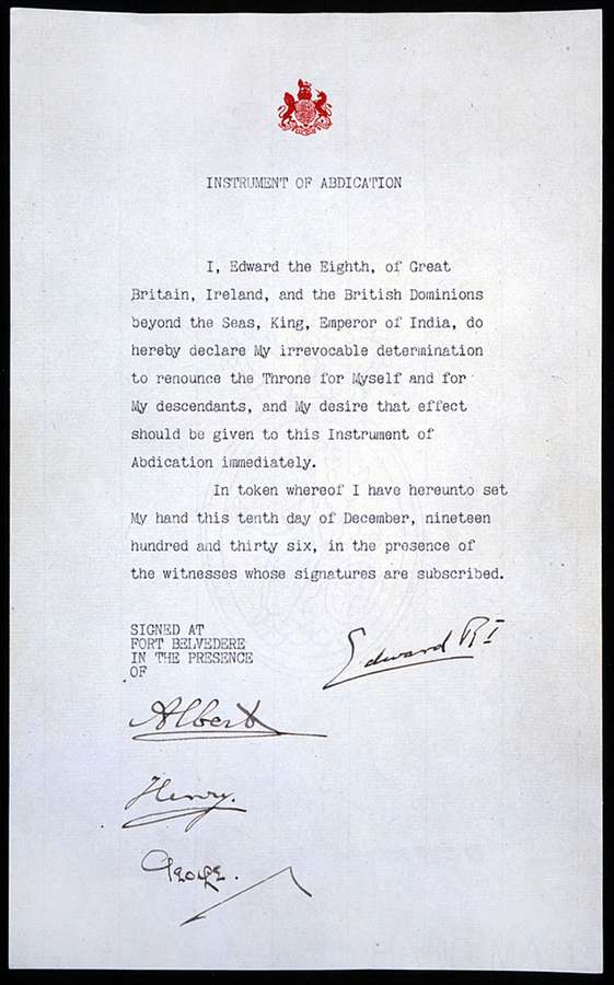 Podpisana listina o abdikaciji kralja Edvarda VIII
