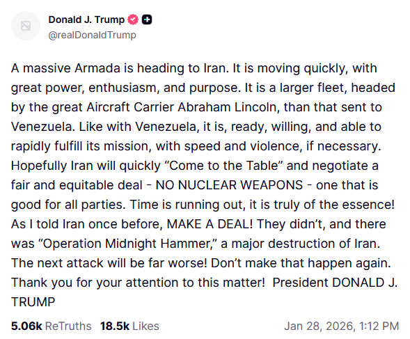 Trumpova objava na Truth Social