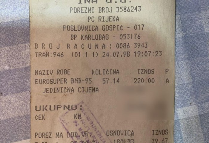 Račun bencinska Hrvaška 1998