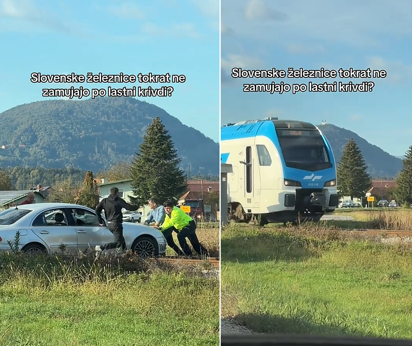 Avtomobil obtičal na železniški progi