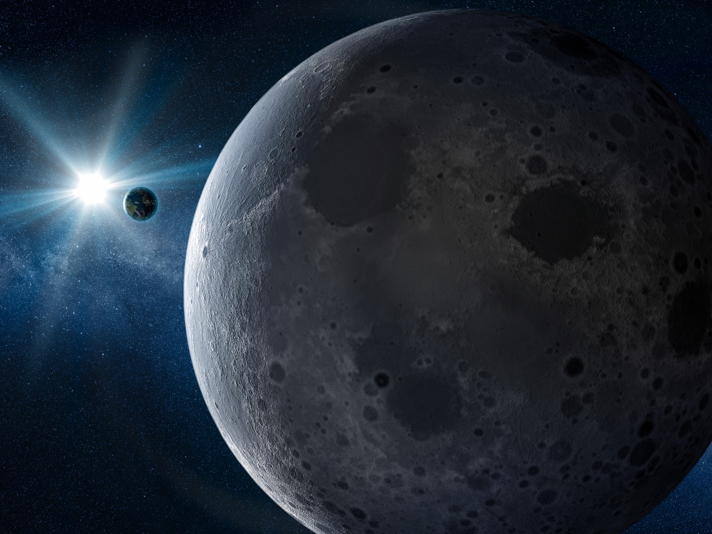 oddaljena stran Lune Zemlja in Sonce