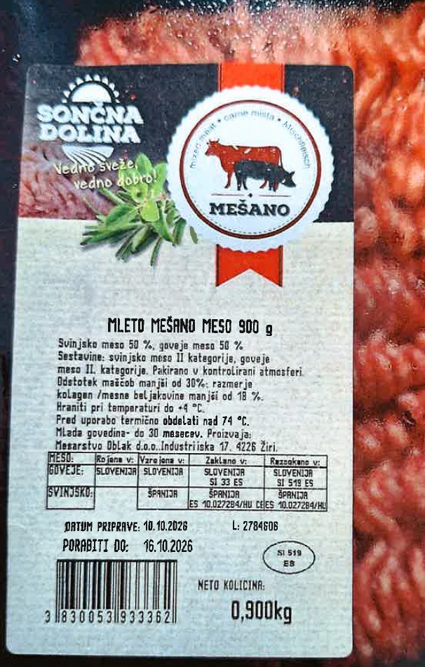 Odpoklic mletega mesanega mesa blagovne znamke Soncna dolina