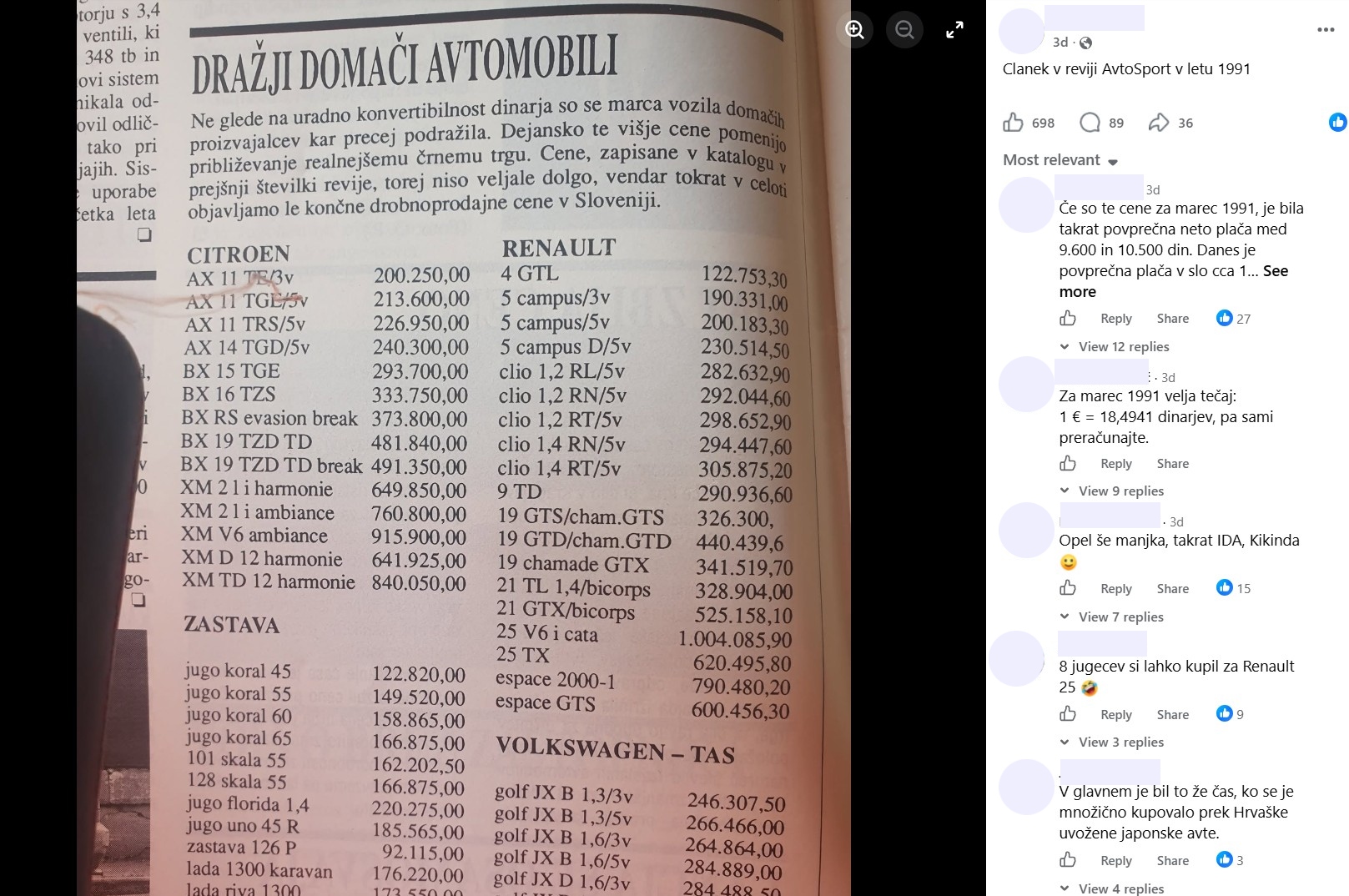cene avtomobilov marca 1991; revija AutoSport, objava na Facebooku