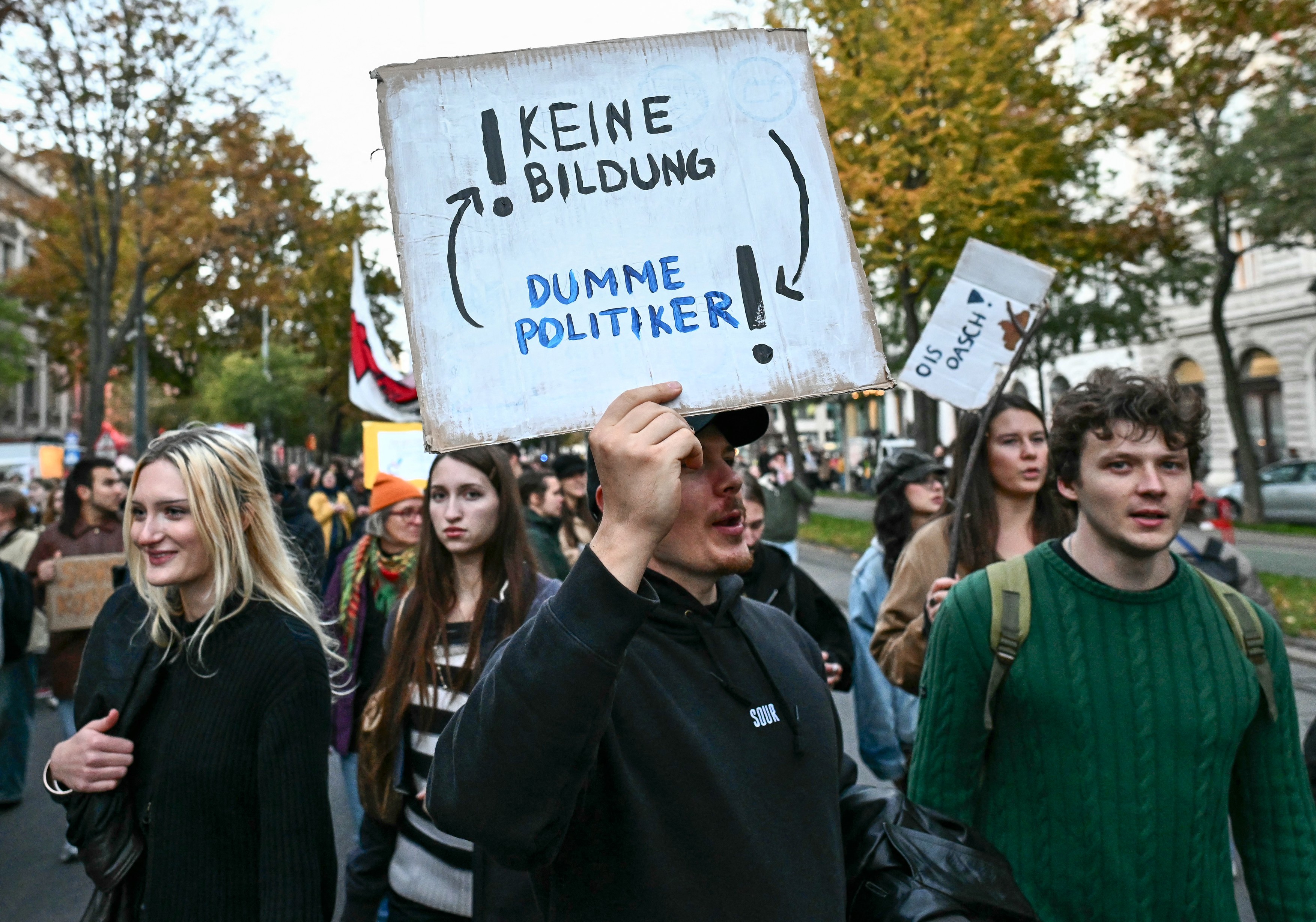 Transparent na protestu, na katerem piše brez izobrazbe, neumni politiki