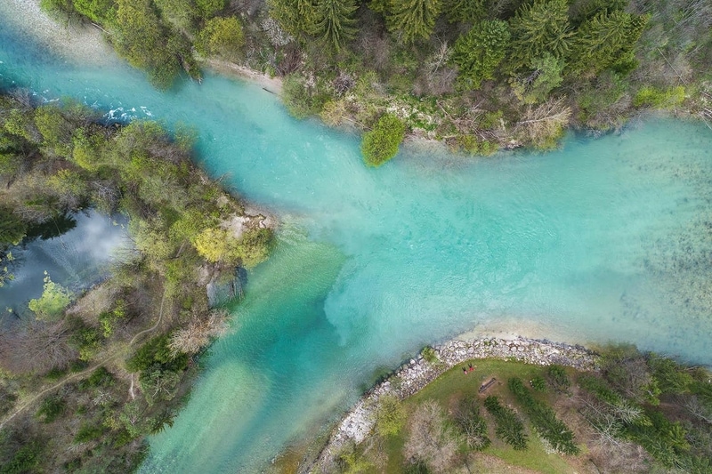 Sotočje Save Dolinke in Save Bohinjke v Lancovem pri Radovljici