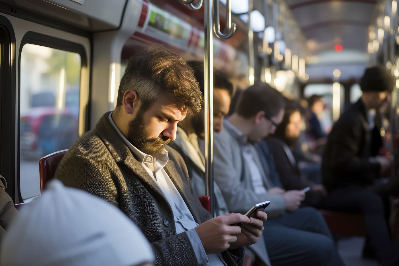 moški na avtobusu gleda v pametni telefon