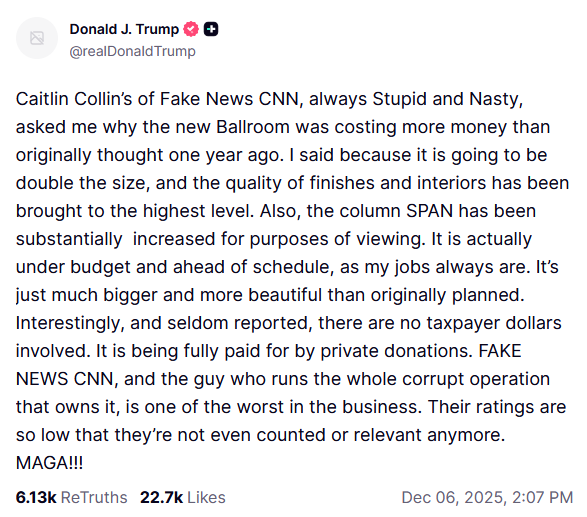 Trumpova objava na Truth Social