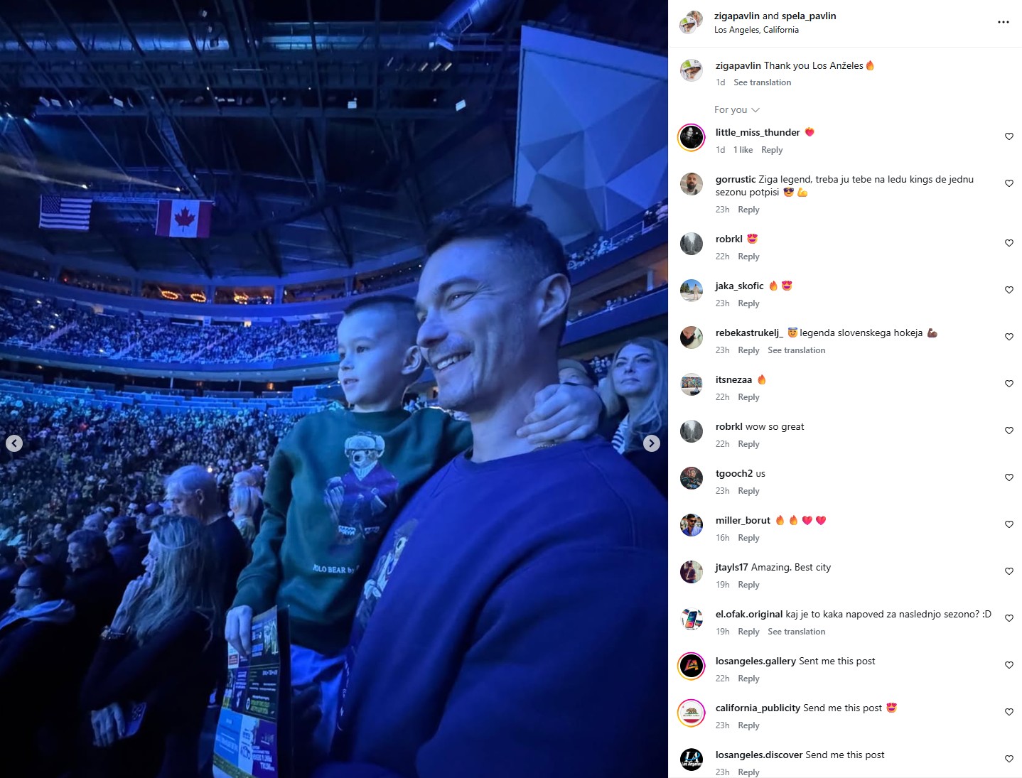 Žiga Pavlin s sinom na tekmi Anžeta Kopitarja