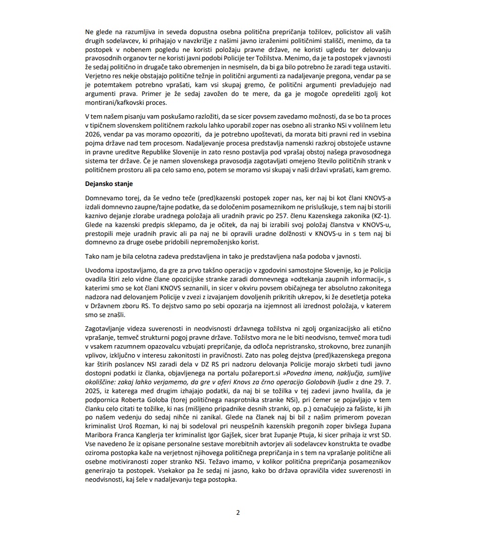 Dopis poslancev NSi tožilstvu