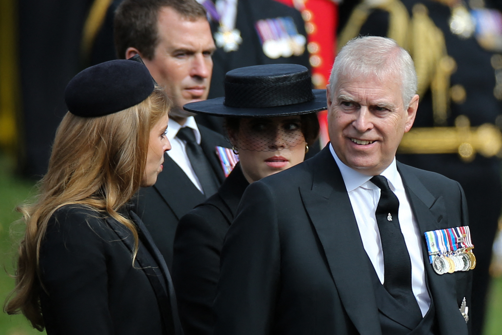 (FILES) Britain's Princess Beatrice of York (L), Peter Phillips (2nd L), Britain's Princess Eugenie of York (2nd R) and Britain's Prince Andrew, Duke of York