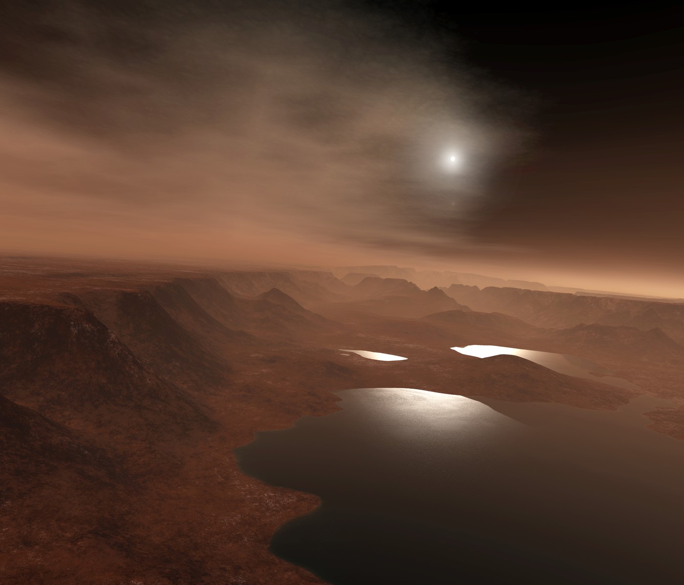 umetniška upodobitev površja Titana z jezerom iz metana