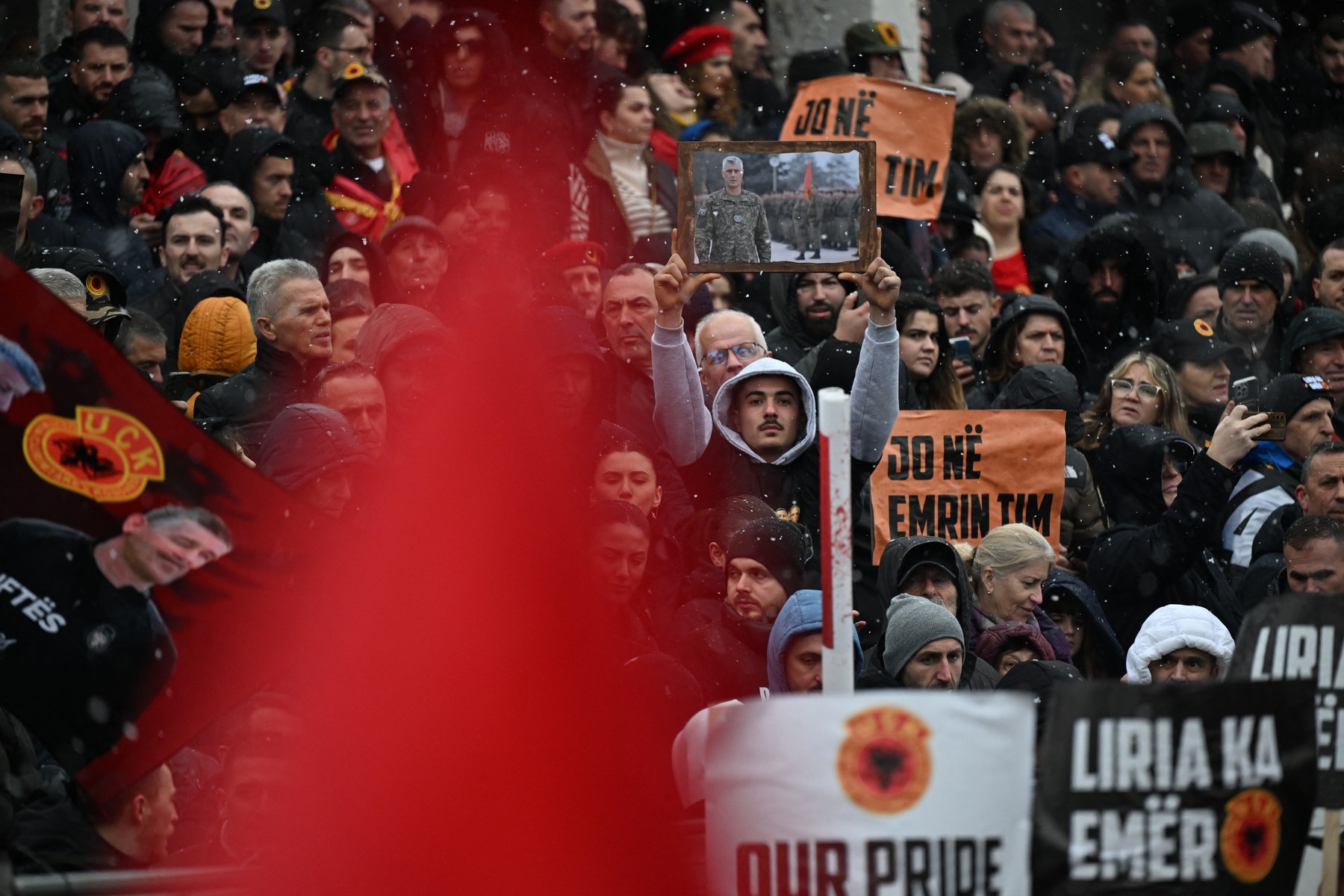 Protestors demonstrate in downtown Pristina in support of former Kosovo Liberation Army (KLA)