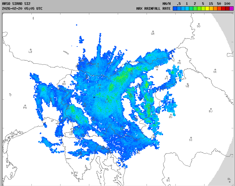Radarska slika padavin, 20. 2. 2026