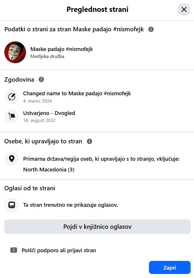 Facebook stran Maske padajo
