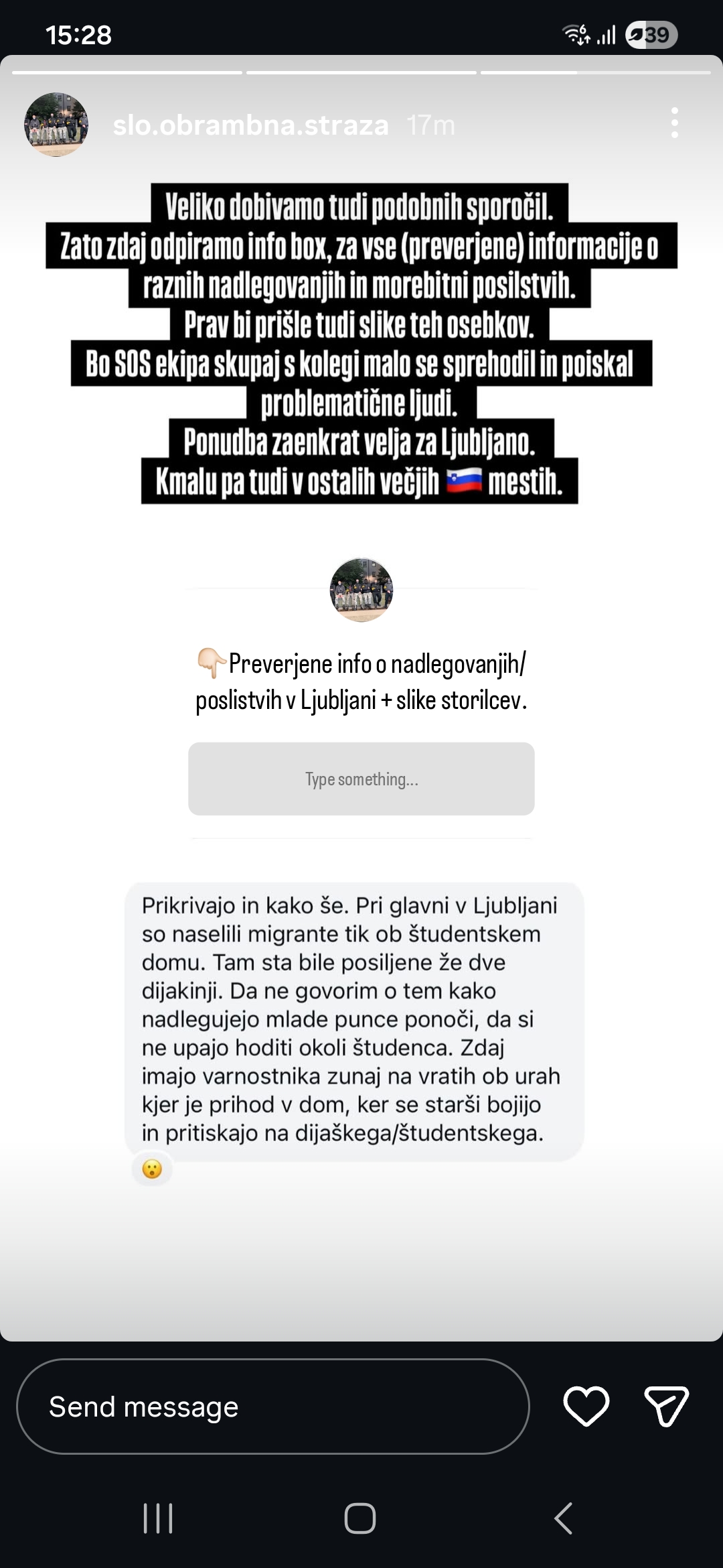 Objava na profilu Slovenske obrambne straže