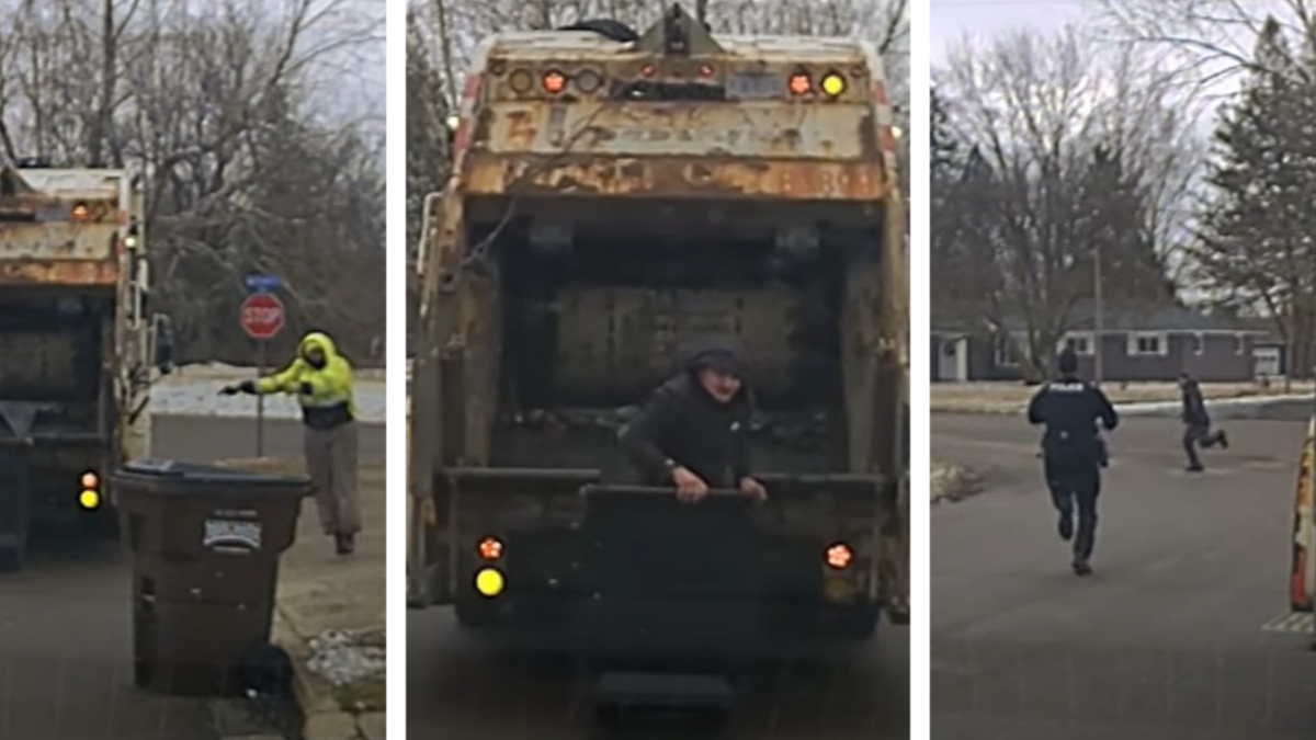 posnetek policijske kamere; moški se je skrival v smetnjaku