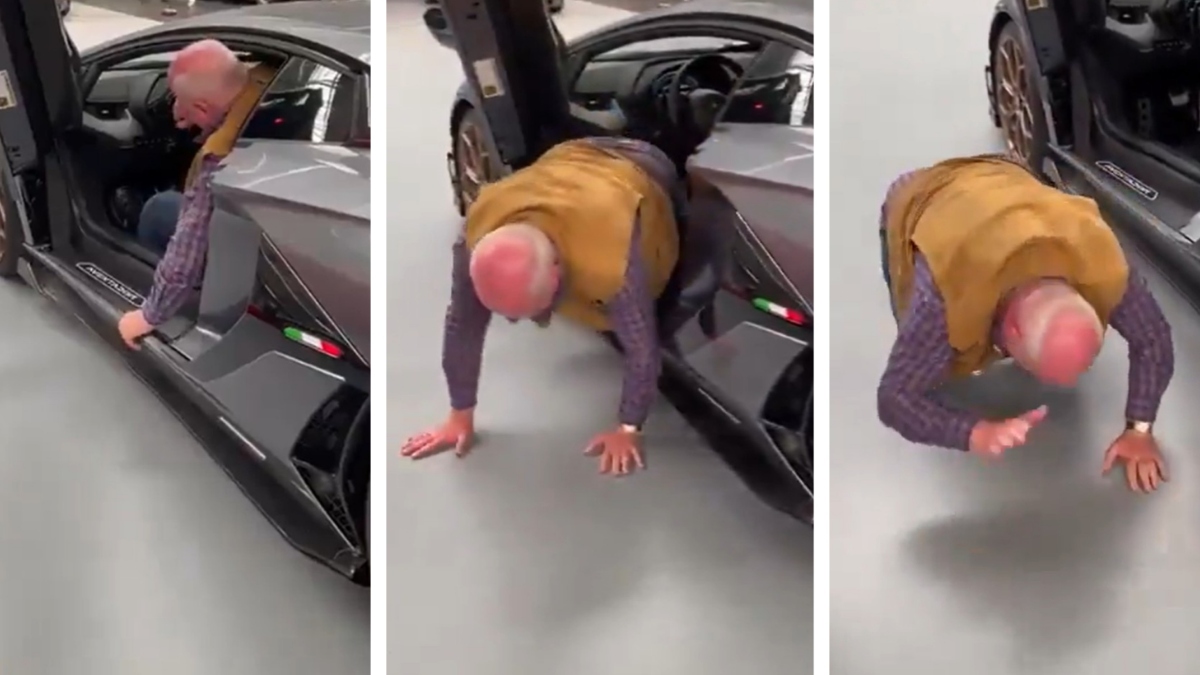 starejši moški se plazi iz Lamborghinija Avendator, viralni posnetek