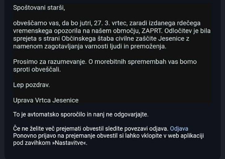 sporočilo vrtec Jesenice