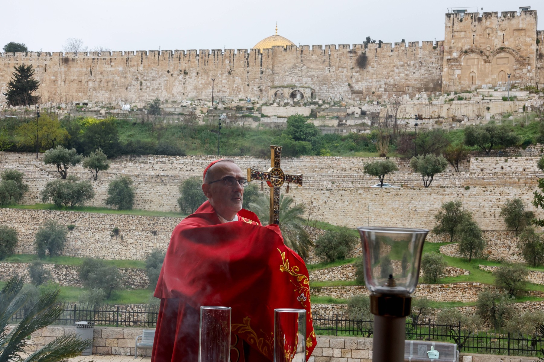Cardinal Pierbattista Pizzaballa, the Latin Patriarch of Jerusalem, holds a prayer service to mark Palm Sunday, following the cancellation of the traditional Palm Sunday procession from the Mount of Olives