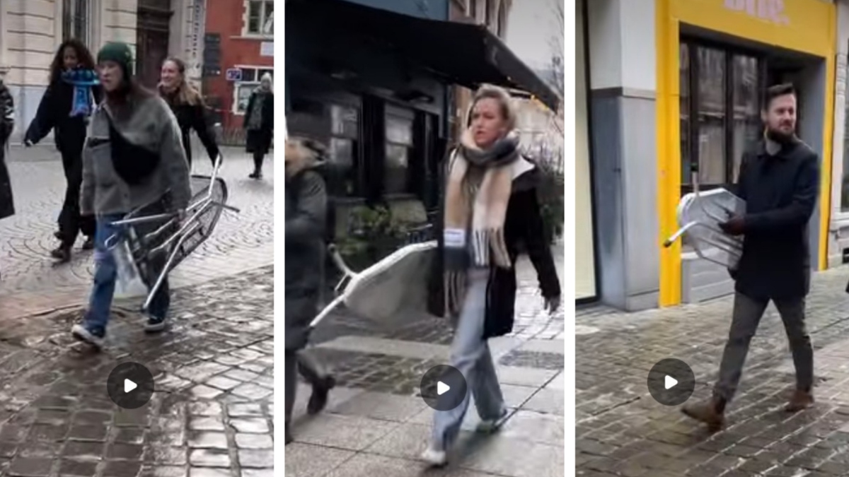 ljudje po ulici hodijo z likalnimi deskami, ki jih uporabijo kot barske mizice na žurkah