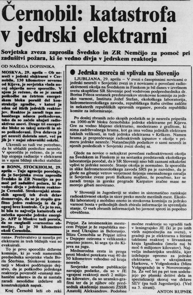 Poročanje v zvezi z nesrečo v Černobilu v časopisu Delo