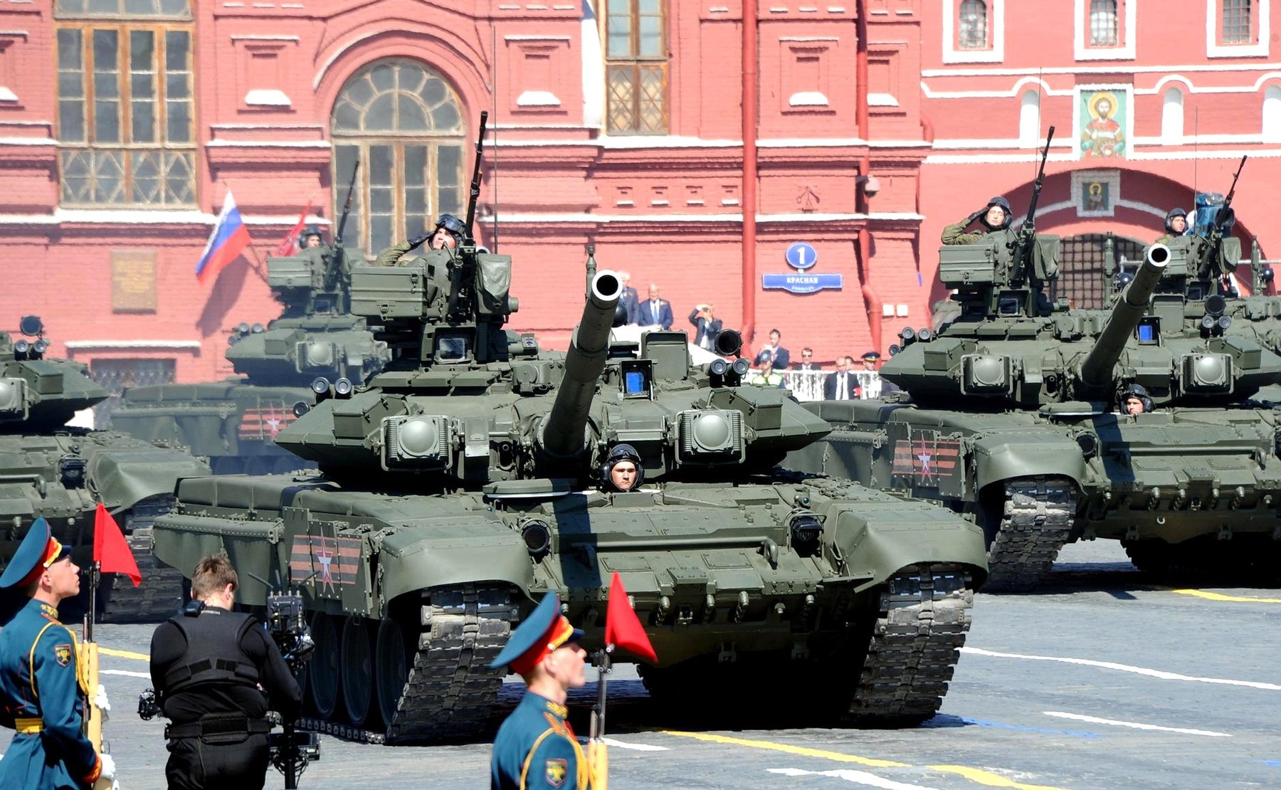 Russian soldiers in T-14 Armata battle tanks during the annual Victory Day military parade.