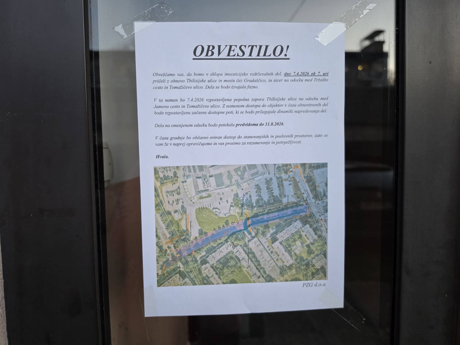 Obvestilo ob zapori Tbilisijske ulice