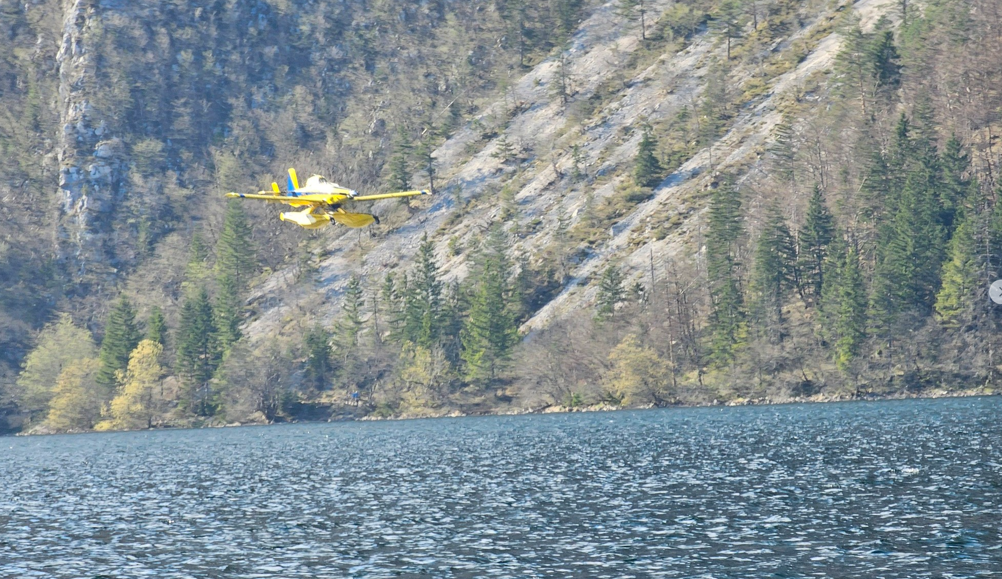 Air Tractor zajema vodo v Bohinjskem jezeru
