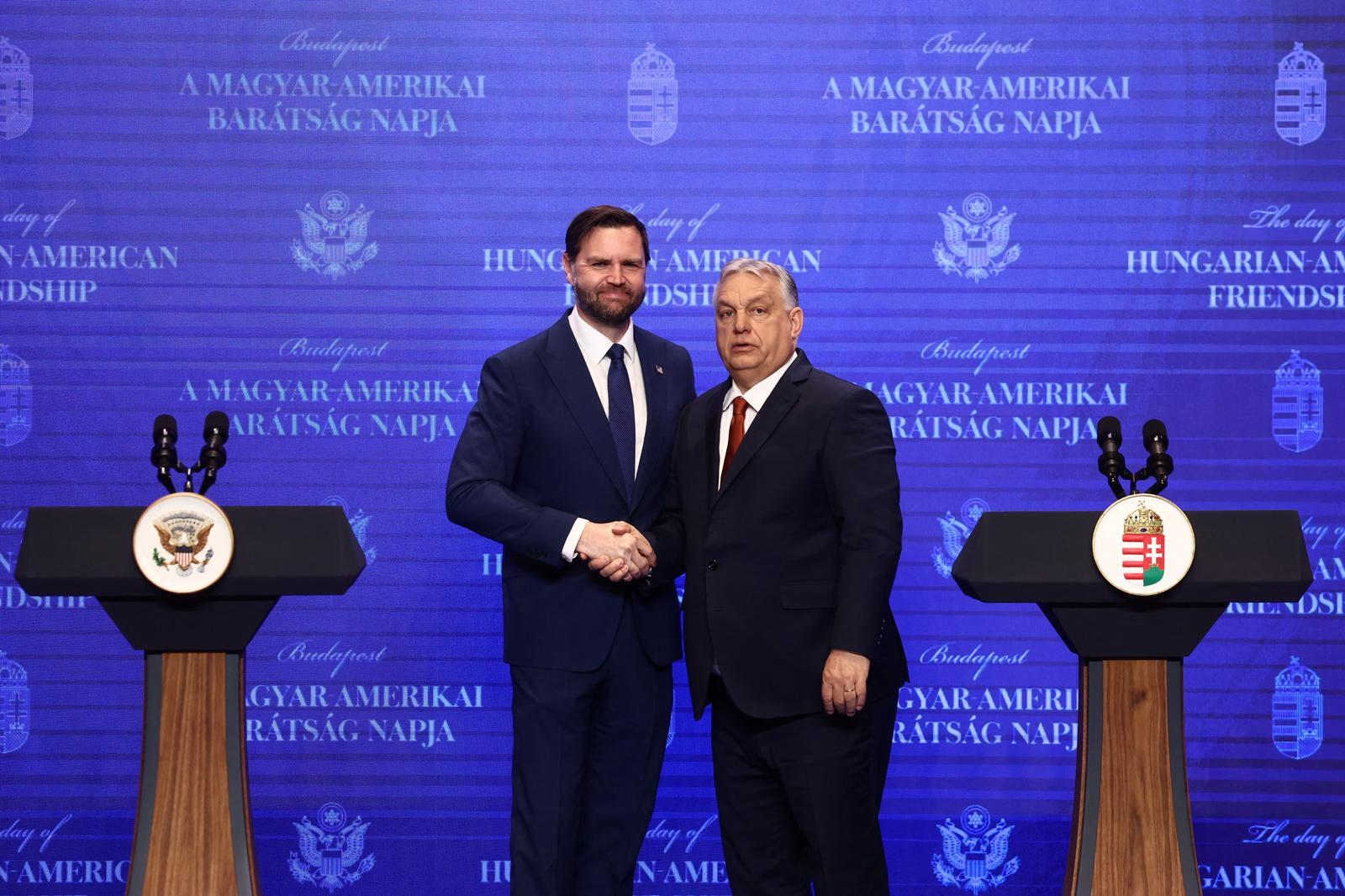 BUDAPEST, HUNGARY - APRIL 7: U.S. Vice President JD VanceViktor Orban on April 7, 2026 in Budapest, Hungary. Jakub Porzycki / Anadolu/ABACAPRESS.COM,Image: 1089243302, License: Rights-managed, Restrictions: , Model Release: no