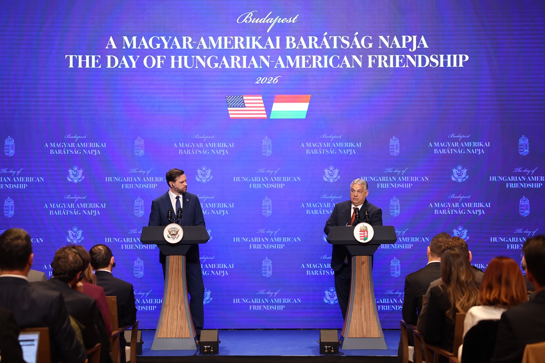 BUDAPEST, HUNGARY - APRIL 7: U.S. Vice President JD Vance (L) and Hungarian Prime Minister Viktor Orban