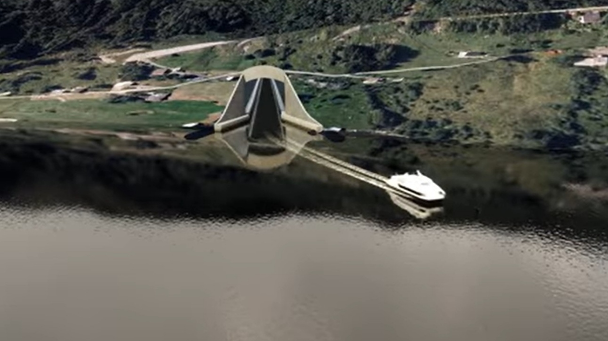 Ilustracija izhoda iz ladijskega predora Stad Skipstunnel na Norveškem