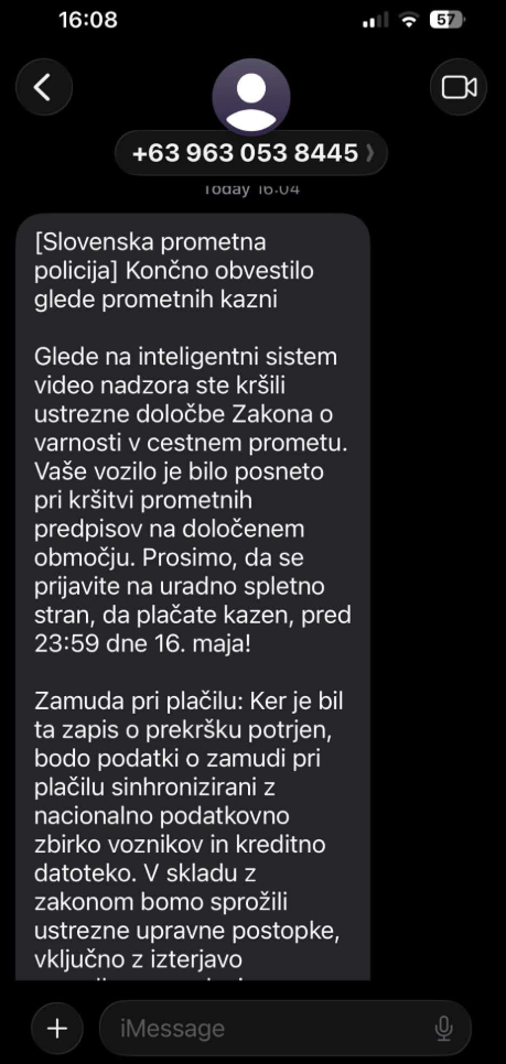 Primer lažnega SMS obvestila o domnevnem prometnem prekršku: