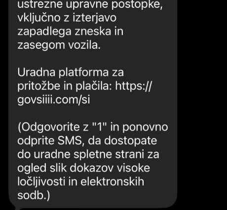 Primer lažnega SMS obvestila o domnevnem prometnem prekršku
