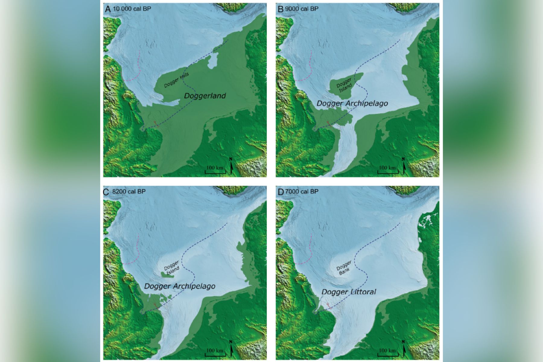 Prikaz razvoja območja Doggerland skozi tisočletja