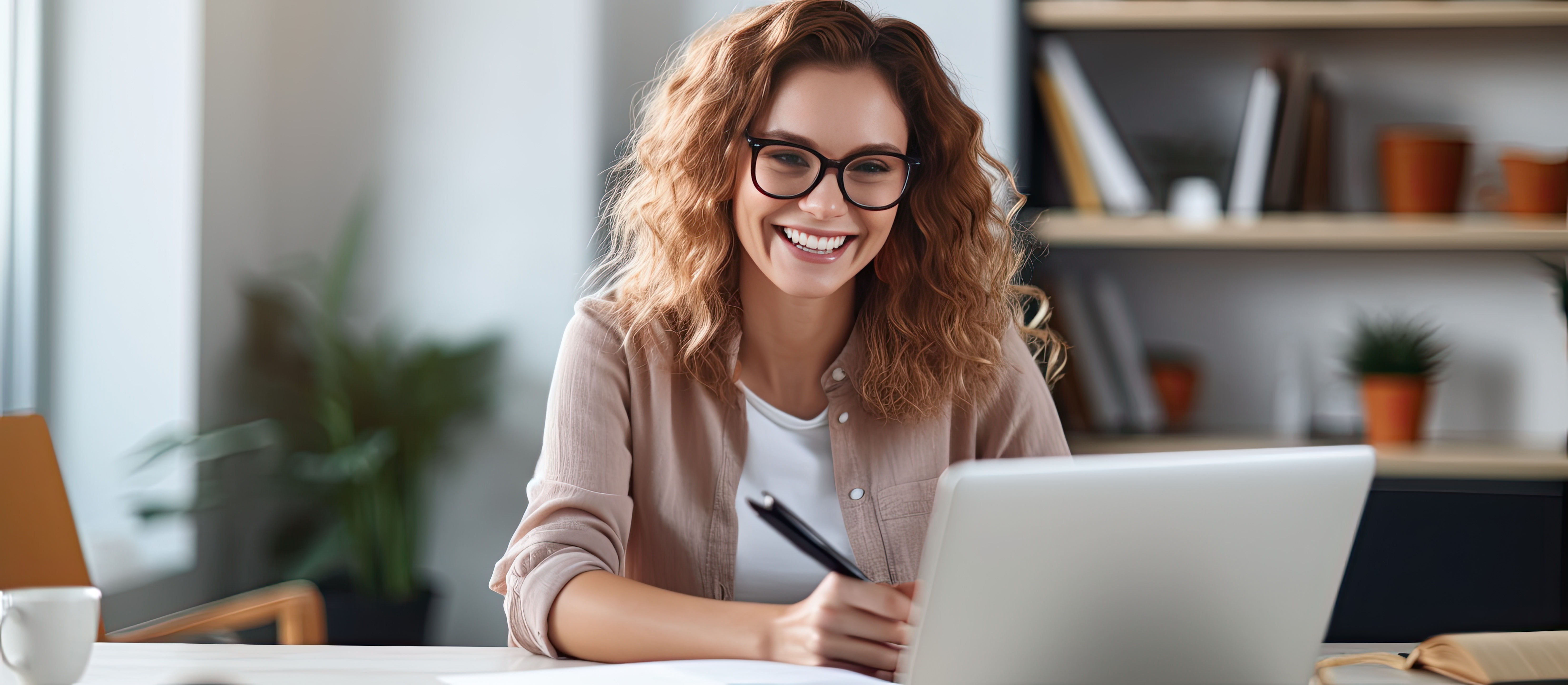 Smiling woman at desk using laptop and notebook studying online at home