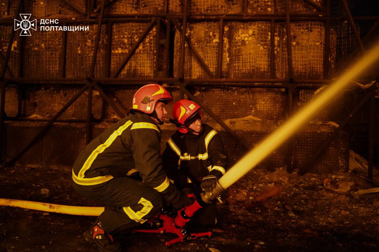 State Emergency Service of Ukraine on May 5, 2026, shows rescuers extinguishing a fire at the site following an air attack in Poltava region,