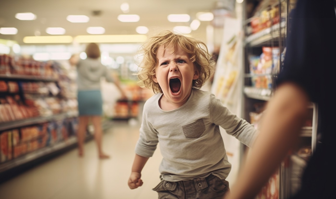 Upset hysterical child crying loudly while manipulating parents and standing against food stall in supermarket. Child misbehave in grocery store copy space Space for text,Image: 820311857, License: Royalty-free, Restrictions: , Model Release: no
