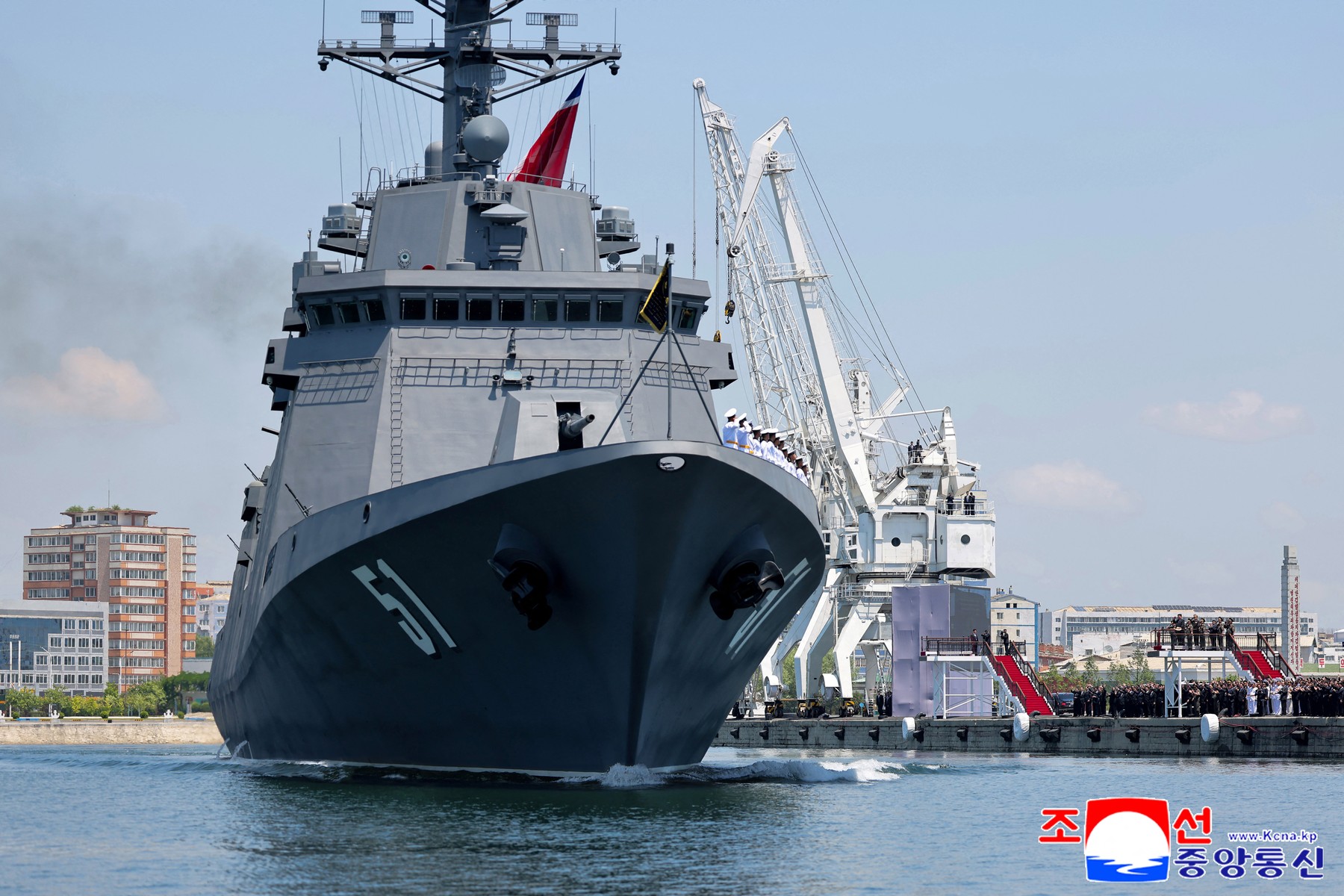 This picture taken on June 23, 2026 and released by North Korea's official Korean Central News Agency (KCNA) on June 24, 2026 shows the new-type multi-mission destroyer Choe Hyon.