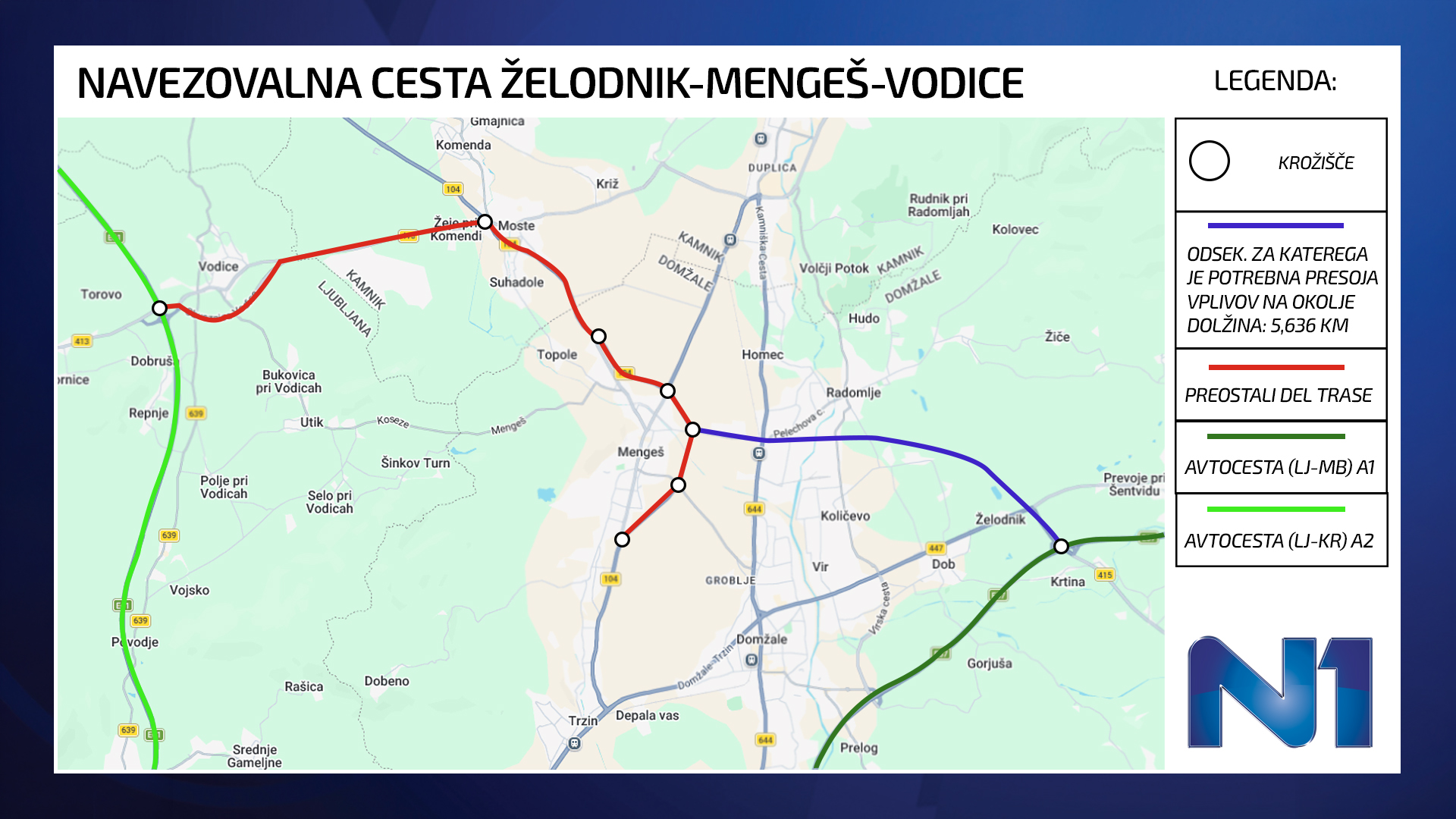 zemljevid cesta Želodnik-Mengeš-Vodice