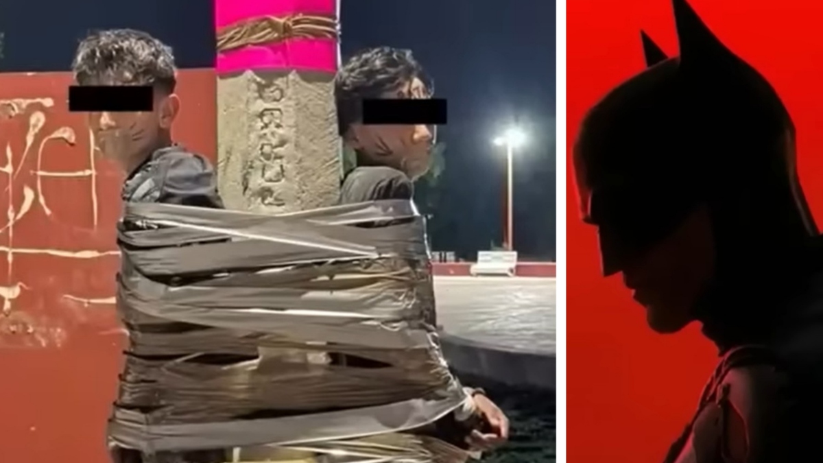 domevni tatovi mopedov v Mehiki, ki jih za drogove cestnih svetilk priveže Batman iz Legos de Morene