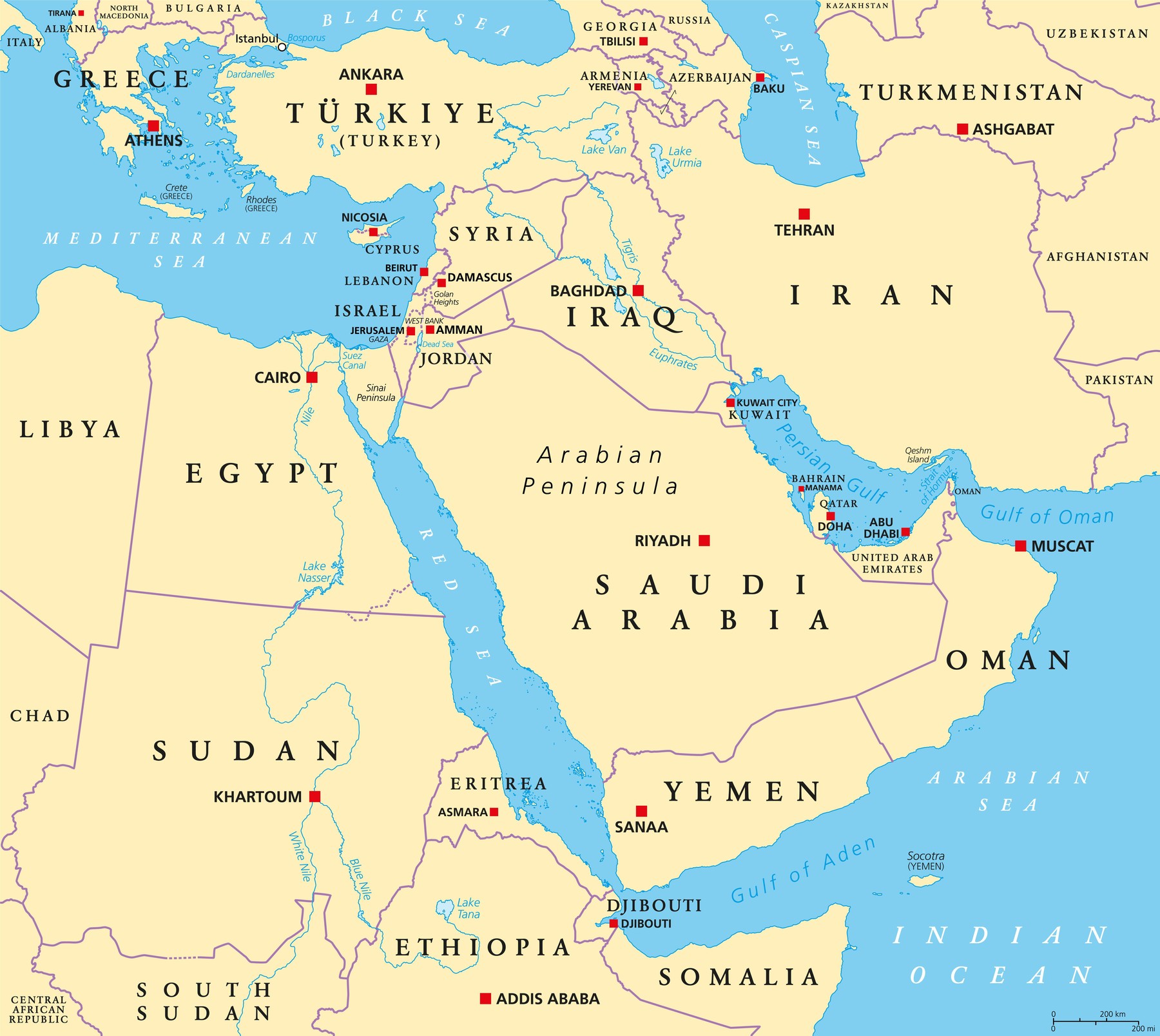 The Middle East, political map with capitals and international borders.