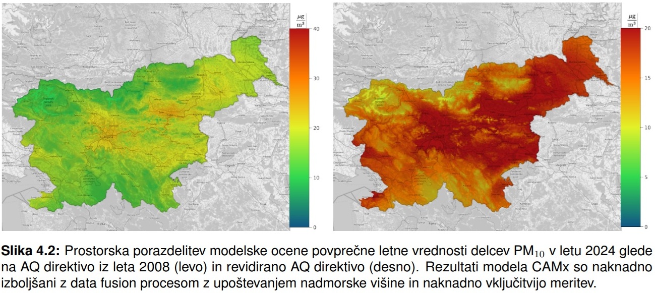 delci pm10 - zemljevid na podlagi veljavne mejne vrednosti ter novih vrednosti po letu 2030