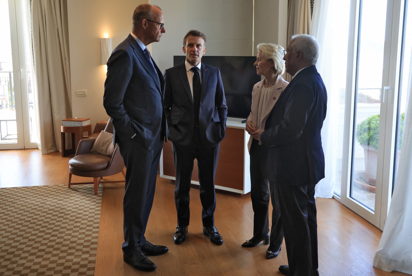 Emmanuel Macron, Ursula von der Leyen, Friedrich Merz, Antonio Costa