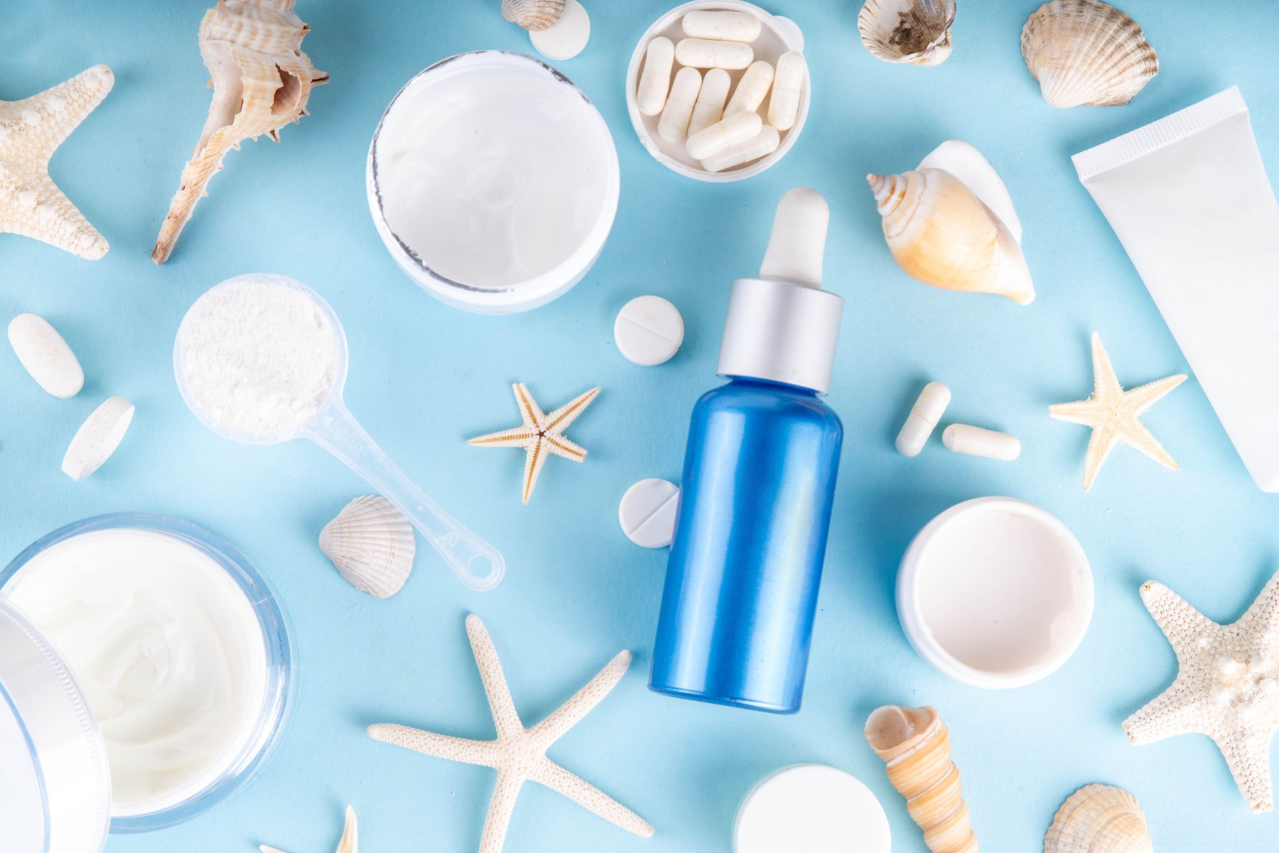Marine collagen cosmetics background.