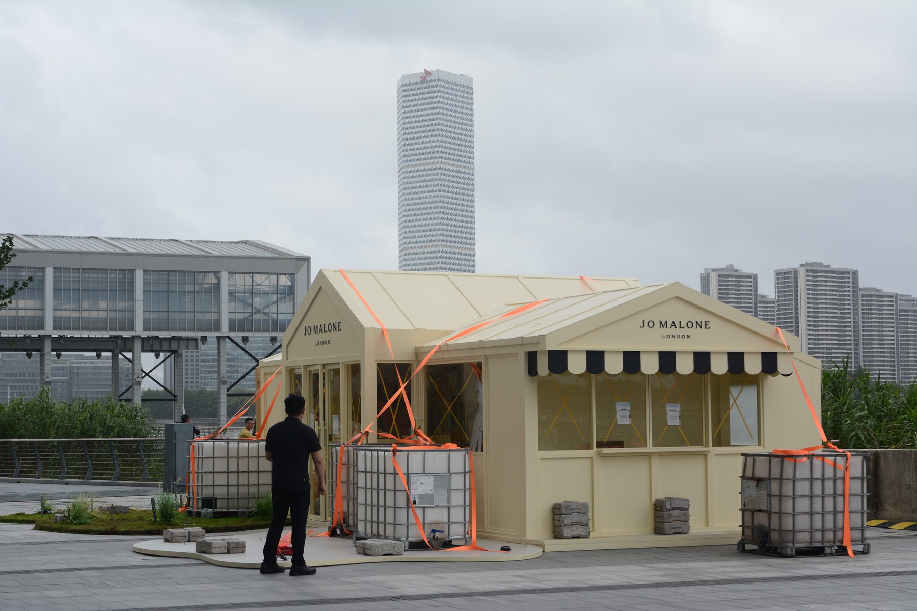 A pop-up store is seen secured ahead of the arrival of Super Typhoon Bavi at West Bund, Shanghai, China, on July 11, 2026.