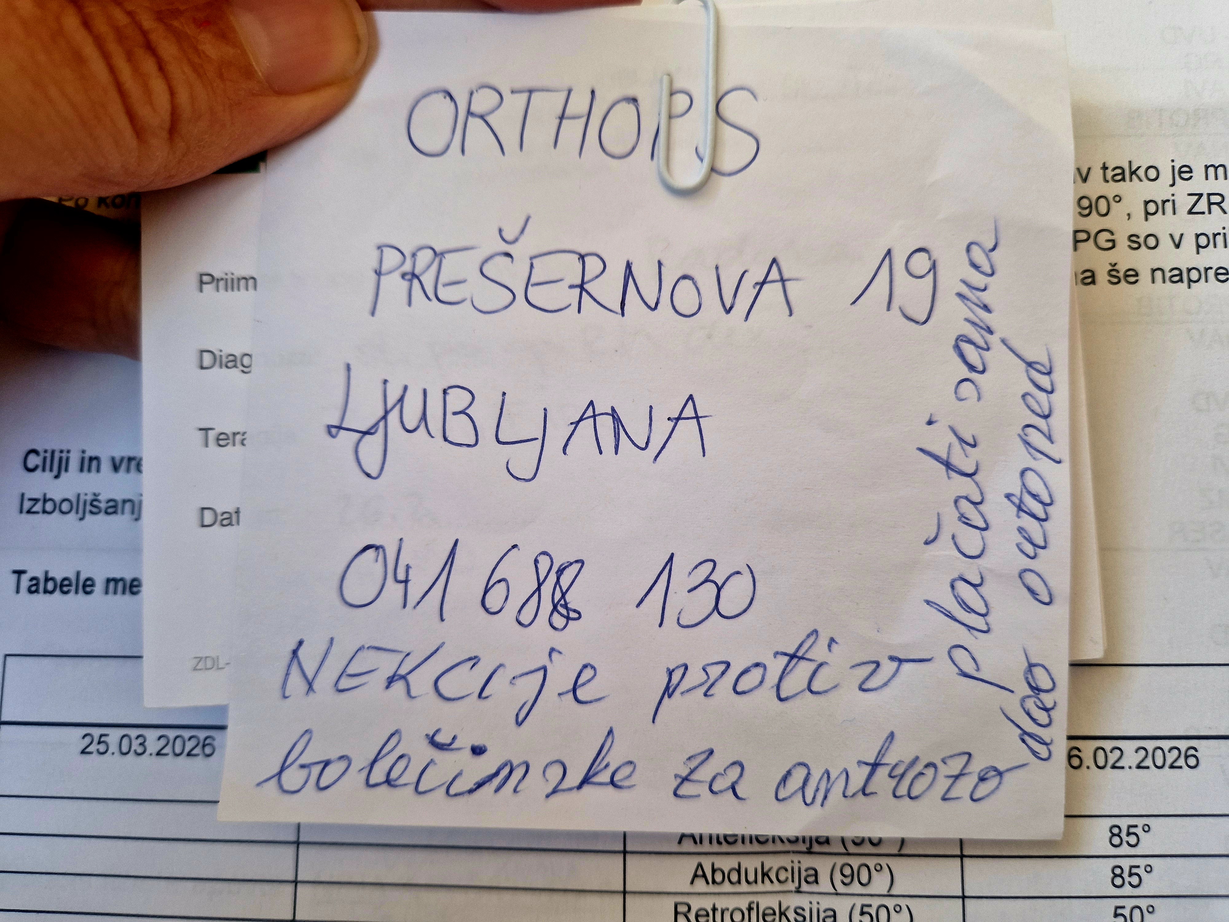 Orthops - listek z naslovom ordinacije