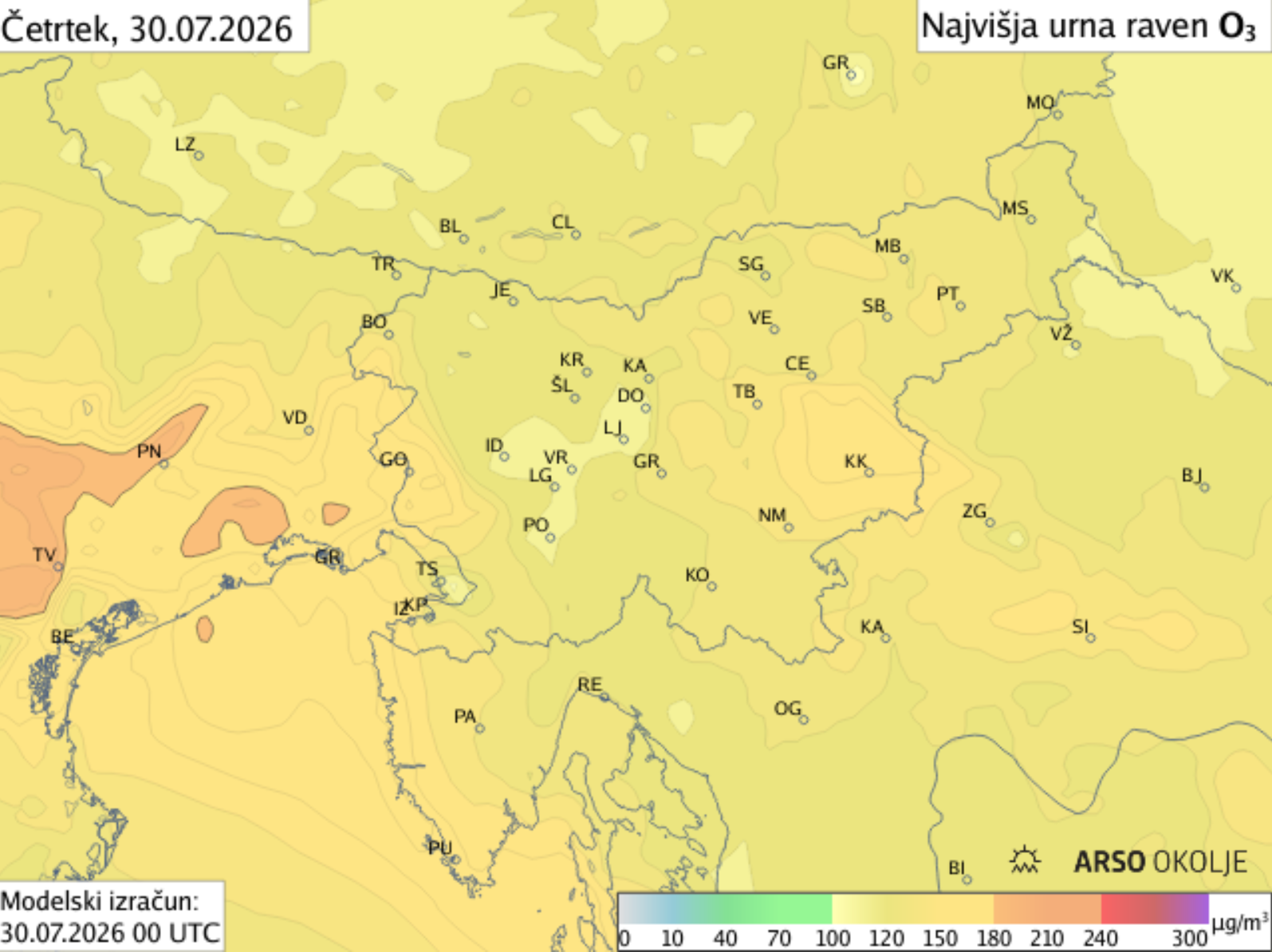 Najvišja raven ozona na četrtek 20. julija 2025
