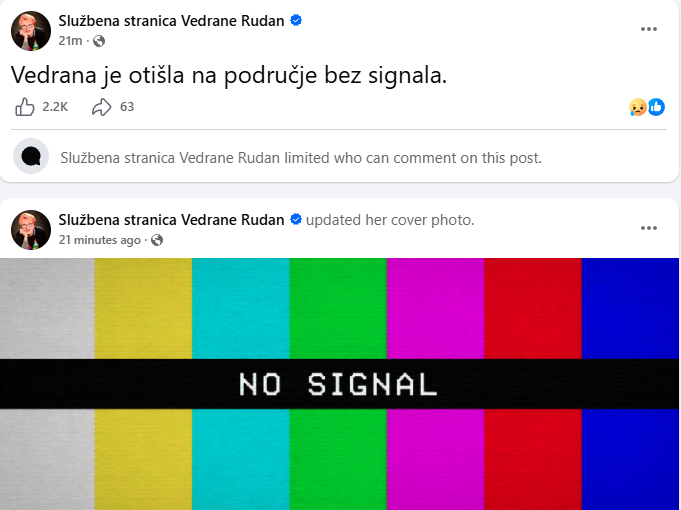 Sporočilo na Facebook strani Vedrane Rudan